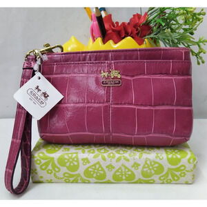 Coach Madison Raspberry Pink Leather Crocodile Embossed Zipper Wristlet Wallet